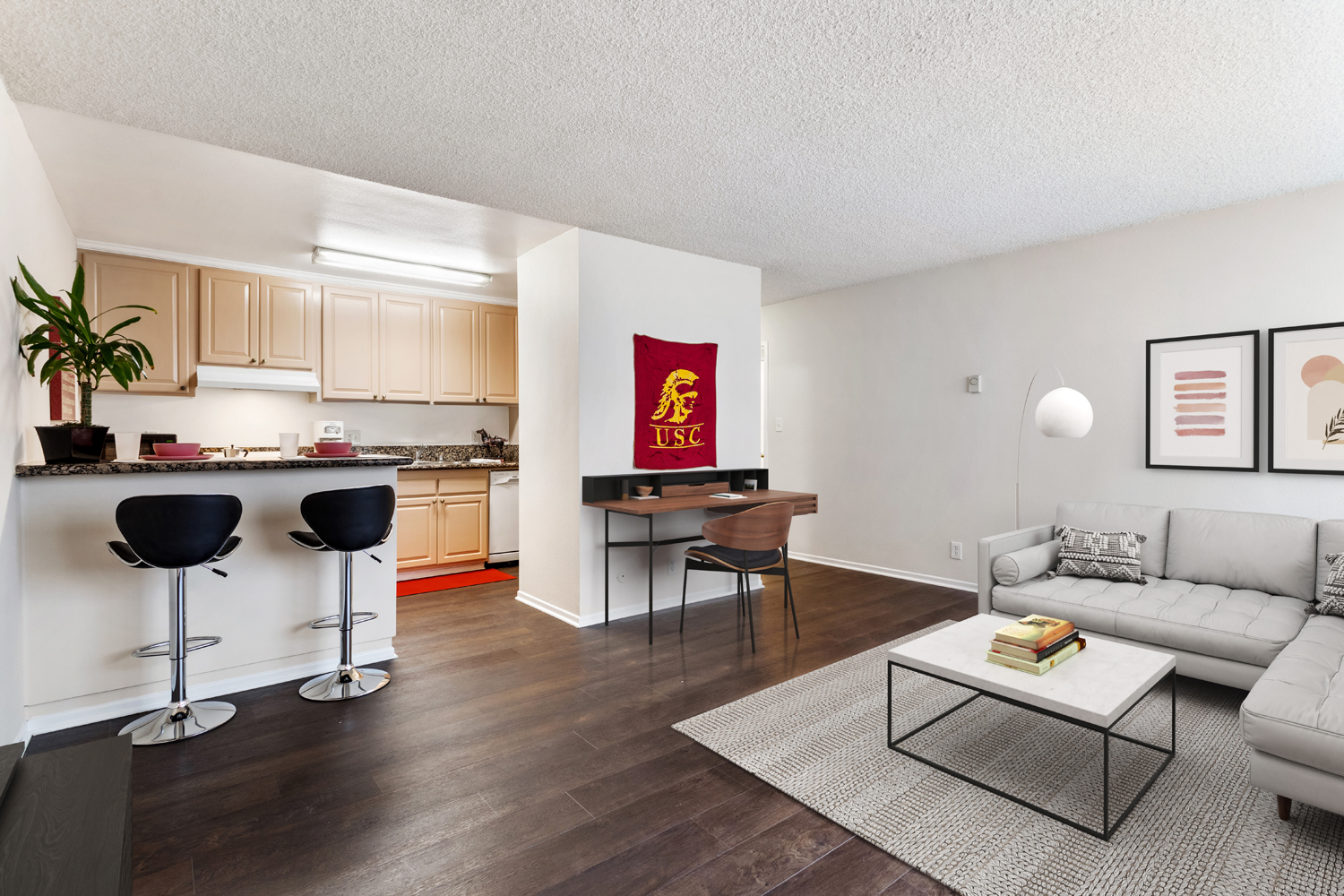 livingroom showing kitchen area